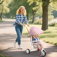 Qaba 7 in 1 Toddler Tricycle with Safety Harness, Adjustable & Removable Parent Handle, Canopy, Storage Bag, Brake, Pink(m-8)