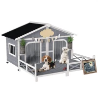 PawHut 59"x64"x39" Wood Dog House Outdoor Cabin-Style Elevated Pet Shelter with Porch Deck, Grey(m-2)
