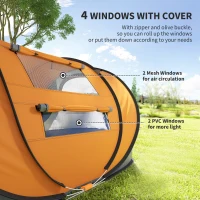 Outsunny 4 Person Camping Tent, Easy Pop Up Tent with Doors, Windows and Carry Bag, Automatic Setup Tent for Hiking, Orange(m-6)