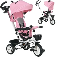 Qaba 6 in 1 Toddler Tricycle with Parent Push Handle, Canopy, Storage Baskets, Cupholder, Pink(m-11)