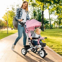 Qaba 6 in 1 Toddler Tricycle with Parent Push Handle, Canopy, Storage Baskets, Cupholder, Pink(m-8)