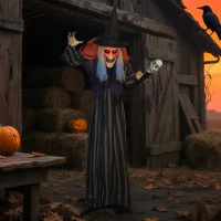 Outsunny Animatronics Standing Witch, Voice-Activated Prop with Skull Staff & Flashing Eyes, Easy Setup Indoor, Orange(m-8)