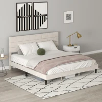 HOMCOM King Size Bed Frame with Upholstered Headboard, Modern Platform Bed Frame with Wood Slats, 1100 lbs Capacity, Cream(m-10)