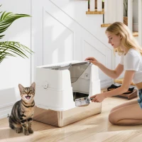 PawHut XL Stainless Steel Litter Box w/ 100° Flip Top, Scoop, Side Top Dual Entry, Odor Free, Easy Cleaning, Anti Leakage(m-1)