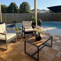 Outsunny 4 Piece Rattan Patio Furniture Set with Loveseat Sofa, Chair, Wood Coffee Table, Cushions for Outdoor, Backyard, White(m-13)