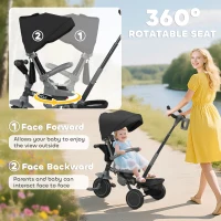Qaba 6 in 1 Toddler Tricycle for 1-5 Years Old with Push Handle, Removable Canopy, Rotatable Seat, Black(m-5)