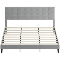 HOMCOM King Size Bed Frame with Upholstered Headboard, Modern Platform Bed Frame with Wood Slats, 1100 lbs Capacity, Grey(m-2)