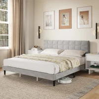 HOMCOM King Size Bed Frame with Upholstered Headboard, Modern Platform Bed Frame with Wood Slats, 1100 lbs Capacity, Grey(m-9)