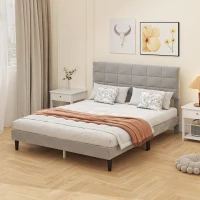 HOMCOM Queen Size Bed Frame with Upholstered Headboard, Modern Platform Bed Frame with Wood Slats, 1100 lbs Capacity, Grey(m-7)