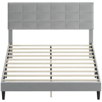 HOMCOM Queen Size Bed Frame with Upholstered Headboard, Modern Platform Bed Frame with Wood Slats, 1100 lbs Capacity, Grey(m-2)