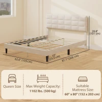 HOMCOM Queen Size Bed Frame with Upholstered Headboard, Modern Platform Bed Frame with Wood Slats, 1100 lbs Capacity, Cream(m-3)