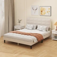 HOMCOM Queen Size Bed Frame with Upholstered Headboard, Modern Platform Bed Frame with Wood Slats, 1100 lbs Capacity, Cream(m-7)