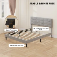 HOMCOM Queen Size Bed Frame with Upholstered Headboard, Modern Platform Bed Frame with Wood Slats, 1100 lbs Capacity, Grey(m-5)