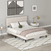 HOMCOM Queen Size Bed Frame with Upholstered Headboard, Modern Platform Bed Frame with Wood Slats, 1100 lbs Capacity, Cream(m-9)