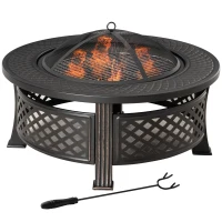Outsunny Outdoor Fire Pit, Firepit with Grill Net, Mesh Lid, Poker, for Camping, Bonfire, Picnic, Bronze(m-11)