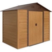 Outsunny 7.7' x 6.5' Outdoor Metal Garden Shed House Hut Gardening Tool Storage with Ventilation, Brown with Wood Grain(m-2)