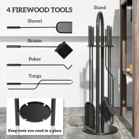 Outsunny Fireplace Tools Set, 5 Pieces Fireside Accessories with Brush, Shovel, Poker, A Pair of Tongs, Stand, Black(m-4)