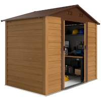 Outsunny 7.7' x 6.5' Outdoor Metal Garden Shed House Hut Gardening Tool Storage with Ventilation, Brown with Wood Grain(m-11)