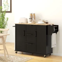 HOMCOM Rolling Kitchen Cart on Wheels with Drop Leaf, Kitchen Island with 3 Drawers, Solid Wood Top and Towel Rack, Black(m-8)