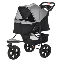 PawHut 3 Wheel Folding Dog Stroller, Travel Carrier with Adjustable Canopy, Storage Brake, Mesh Window for S&M Dogs Grey(m-11)