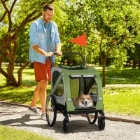 Aosom Dog Bike Trailer, 2-in-1 Dog Wagon Pet Stroller for Travel with Universal Wheel Reflectors Flag, for Small and Medium Dogs, Green(m-1)