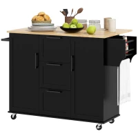 HOMCOM Rolling Kitchen Cart on Wheels with Drop Leaf, Kitchen Island with 3 Drawers, Solid Wood Top and Towel Rack, Black(m-2)