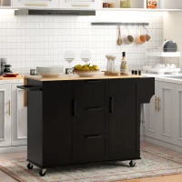 HOMCOM Rolling Kitchen Cart on Wheels with Drop Leaf, Kitchen Island with 3 Drawers, Solid Wood Top and Towel Rack, Black(m-9)