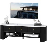 HOMCOM TV Stand, Modern TV Table with Marble-Effect Top, 3 Drawers and 2 Open Shelves for 32-65 Inch Television, Black(m-2)