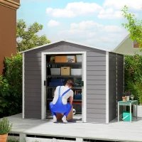 Outsunny 8' x 7' Outdoor Storage Shed, Easy to Assemble, Upgraded Galvanized Metal Garden Shed with Lockable Doors, Floor Frame and Gloves for Backyard, Lawn, Patio, Light Grey(m-1)
