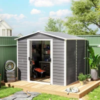 Outsunny 8' x 7' Outdoor Storage Shed, Easy to Assemble, Upgraded Galvanized Metal Garden Shed with Lockable Doors, Floor Frame and Gloves for Backyard, Lawn, Patio, Light Grey(m-8)