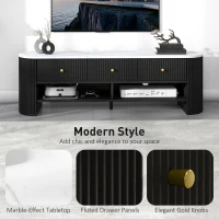 HOMCOM TV Stand, Modern TV Table with Marble-Effect Top, 3 Drawers and 2 Open Shelves for 32-65 Inch Television, Black(m-4)