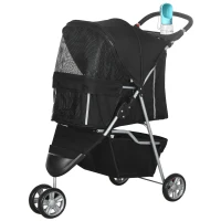 PawHut 3 Wheels Foldable Dog Stroller with Storage Basket, Adjustable Canopy, Cupholder for Miniature and Small Dogs, Black(m-11)