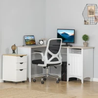 HOMCOM L-Shaped Computer Desk with Shelf and Storage Cabinet, Corner Writing Desk, Home Office Workstation, Natural Wood and White(m-7)