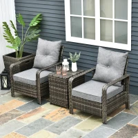Outsunny 3 Pieces Wicker Patio Furniture Set, Rattan Bistro Set with Storage Coffee Table and Thickened Cushions, Outdoor Conversation Set for Garden, Porch, Balcony, Grey(m-8)