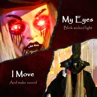 Outsunny Animatronics Standing Witch, Voice-Activated Prop, Sound Activated Moving Head & Flashing Eyes, Easy Setup Indoor, Black(m-4)