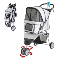 PawHut 3 Wheels Foldable Dog Stroller with Storage Basket, Adjustable Canopy, Cupholder for Miniature and Small Dogs, Grey(m-2)