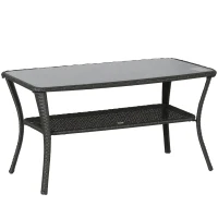 Outsunny Outdoor Patio PE Rattan Coffee Table with Storage Shelf, Wicker Side Table with Glass Top, Black(m-11)