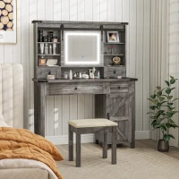 HOMCOM Vanity Desk Set with Mirror and Lights, Cushioned Stool, Storage Drawer, Cabinet, Shelves for Bedroom, Gray(m-10)