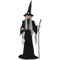 Outsunny Animatronics Standing Witch, Voice-Activated Prop, Sound Activated Moving Head & Flashing Eyes, Easy Setup Indoor, Black(m-11)