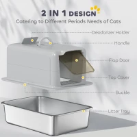 PawHut 2 in 1 Stainless Steel Cat Litter Box with Removable Lid, Scoop, Filter Bags, for Small to Large Cats, Gray(m-6)