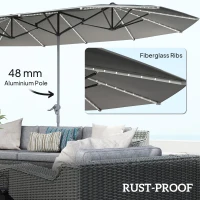 Outsunny 15ft Double-Sided Outdoor Umbrella with Solar Lights, UPF50+ Extra Large Aluminum Patio Umbrella with Crank, Dark Gray(m-6)