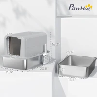 PawHut 2 in 1 Stainless Steel Cat Litter Box with Removable Lid, Scoop, Filter Bags, for Small to Large Cats, Gray(m-3)