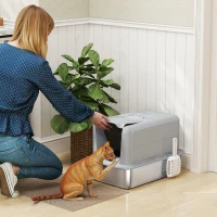 PawHut 2 in 1 Stainless Steel Cat Litter Box with Removable Lid, Scoop, Filter Bags, for Small to Large Cats, Gray(m-2)