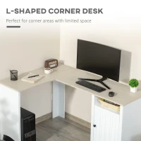 HOMCOM L-Shaped Computer Desk with Shelf and Storage Cabinet, Corner Writing Desk, Home Office Workstation, Natural Wood and White(m-4)