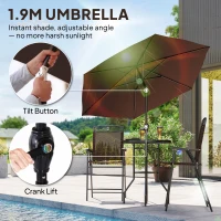 Outsunny 4 Piece Outdoor Bar Set with Umbrella, Patio Dining Set with 2 Folding Chairs, Wave Textured Tempered Glass Table for Backyard, Garden, Deck, Poolside, Brown(m-4)