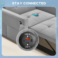 HOMCOM Convertible Chair Bed, Pull Out Sleeper Chair with USB, Adjustable Backrest, Small Velvet Futon Sofa Bed, Grey(m-6)