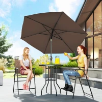 Outsunny 4 Piece Outdoor Bar Set with Umbrella, Patio Dining Set with 2 Folding Chairs, Wave Textured Tempered Glass Table for Backyard, Garden, Deck, Poolside, Brown(m-2)