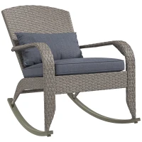 Outsunny Adirondack Chair, Outdoor Wicker Rocking Chair with High Back, Seat Cushion and Pillow for Porch, Balcony, Grey(m-11)