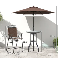 Outsunny 4 Piece Outdoor Bar Set with Umbrella, Patio Dining Set with 2 Folding Chairs, Wave Textured Tempered Glass Table for Backyard, Garden, Deck, Poolside, Brown(m-3)