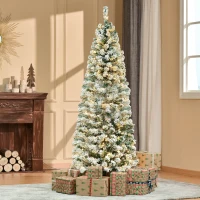 HOMCOM 6ft Prelit Artificial Pencil Christmas Tree, Snow Flocked Slim Xmas Tree with Warm White LED Lights - Green(m-1)